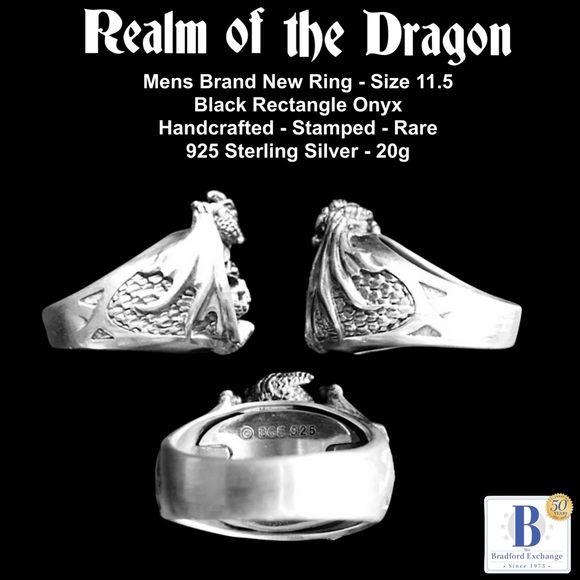 RARE Mens Vtg. Ring .925 Sterling 20gm w/Black Onyx BGE Realm of the Dragon -NEW - Picture 5 of 6